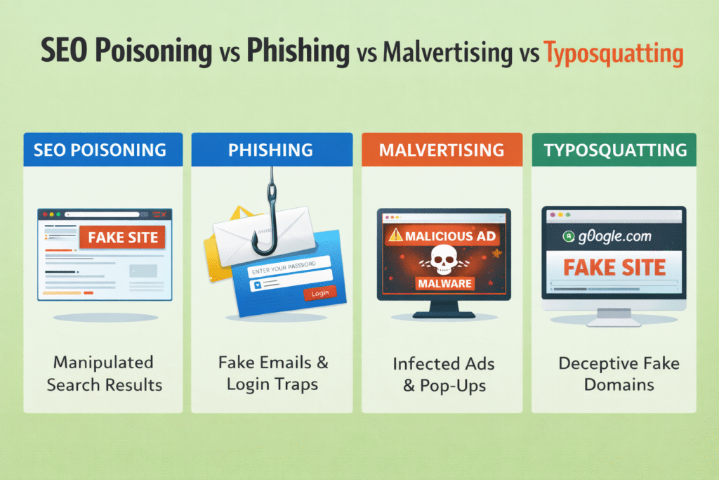 SEO Poisoning vs Phishing vs Malvertising vs Typosquatting